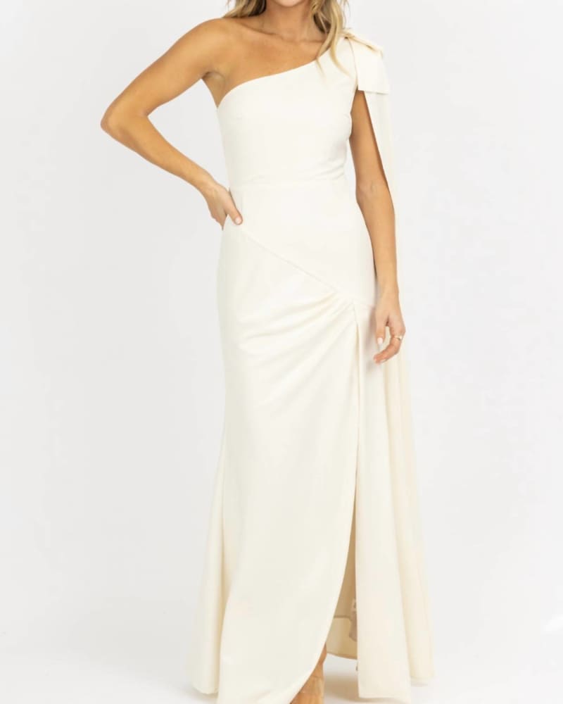 Front of a model wearing a size L One Shoulder And Sash Satin Maxi Dress In Ivory in Ivory by LENA. | dia_product_style_image_id:358485